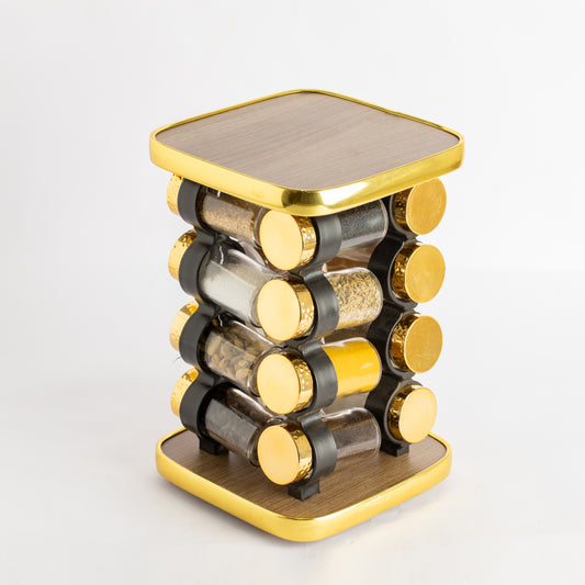 طقم توابل مربع دوار برطمان أكريليك غطاء ستانلس دهبي