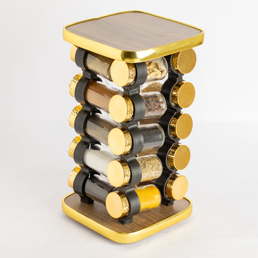 طقم توابل مربع دوار برطمان أكريليك غطاء ستانلس دهبي