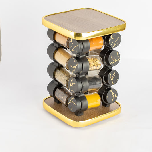 طقم توابل مربع دوار برطمان أكريليك غطاء بلاستيك دهبي