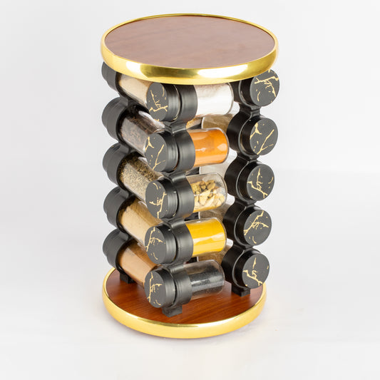 طقم توابل دائري دوار برطمان أكريليك غطاء بلاستيك دهبي