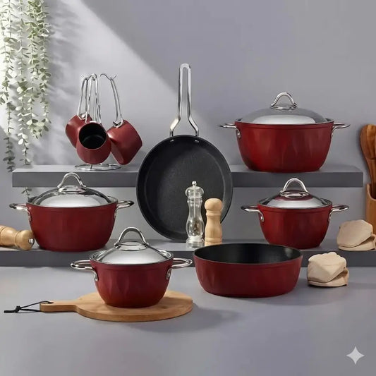 طقم حلل تيتانيوم 16 قطعة أحمر - (موديل LC04)