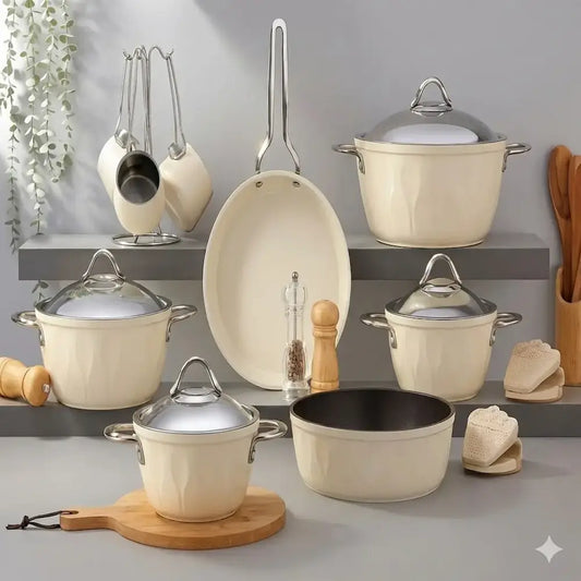 طقم حلل تيتانيوم 16 قطعة كريمي - (موديل LC05)