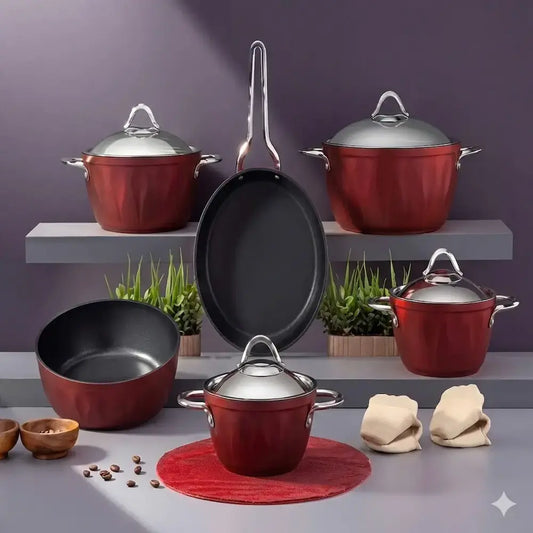 طقم حلل تيتانيوم 12 قطعة أحمر - (موديل LC09)