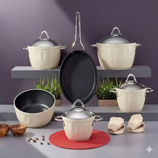 طقم حلل تيتانيوم 12 قطعة كريمي - (موديل LC06)