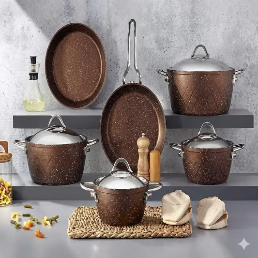 طقم حلل جرانيت 12 قطعة بني- (موديل LC17)