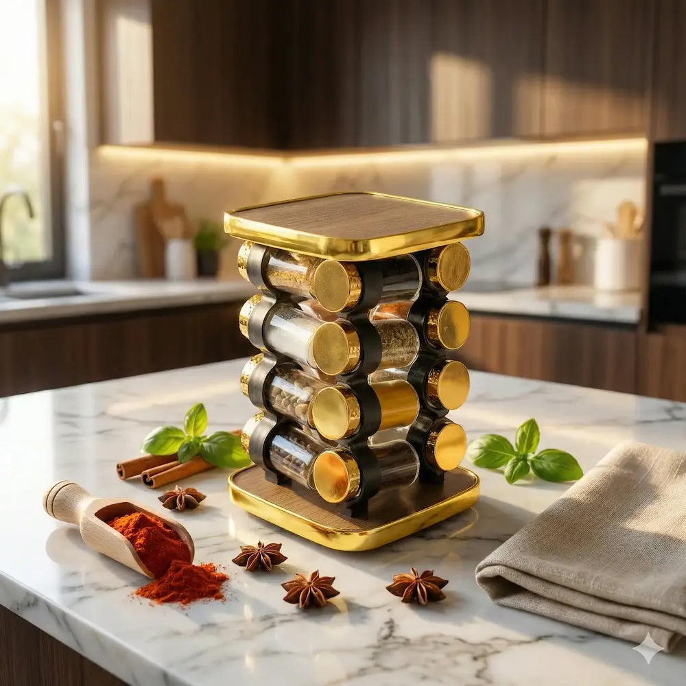 طقم توابل مربع دوار غطاء ستانلس دهبي