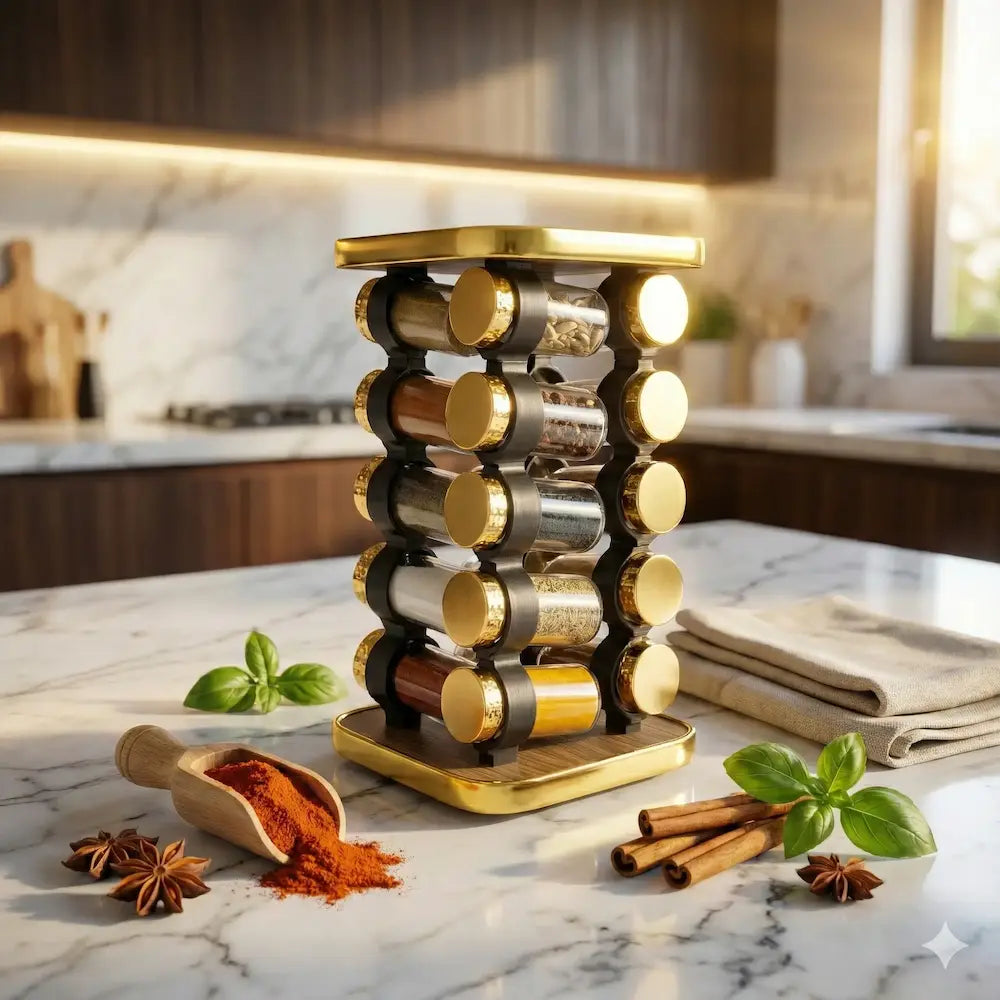 طقم توابل مربع دوار غطاء ستانلس دهبي